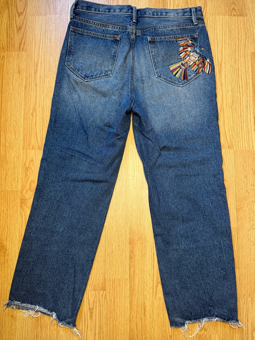 DRIFTWOOD Blue Denim High-Rise Jeans with Multicolor Embroidered Bird - Picture 3 of 8
